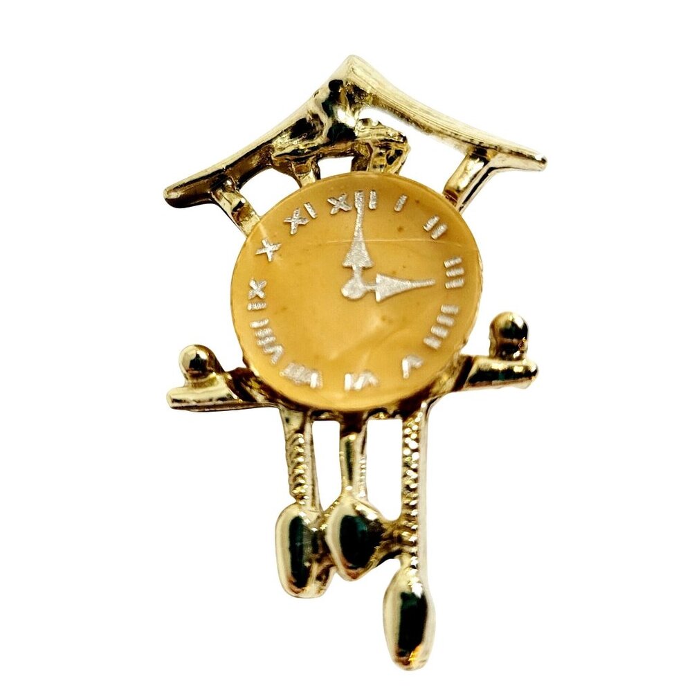 Vintage Gold Tone Cuckoo Clock Brooch with Roman Numerals and Pin Clasp